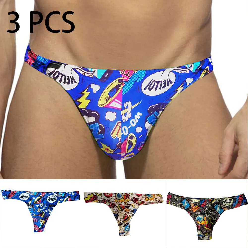 Set di 3 Slip da Bagno Sexy da Uomo con Stampa Pop Art, Bikini a Vita Bassa, Costume da Bagno Mini per Spiaggia