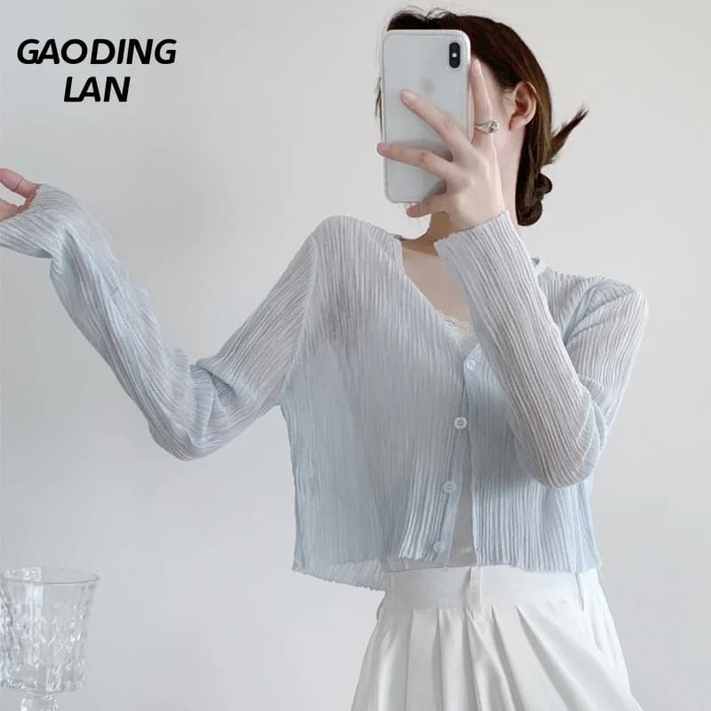 Bamboo Joint Hemp Ice Silk Shawl Sunscreen Shirt Women Long Sleeve Thin Sun Protection Clothing Solid Short Knitted Outwear Lady