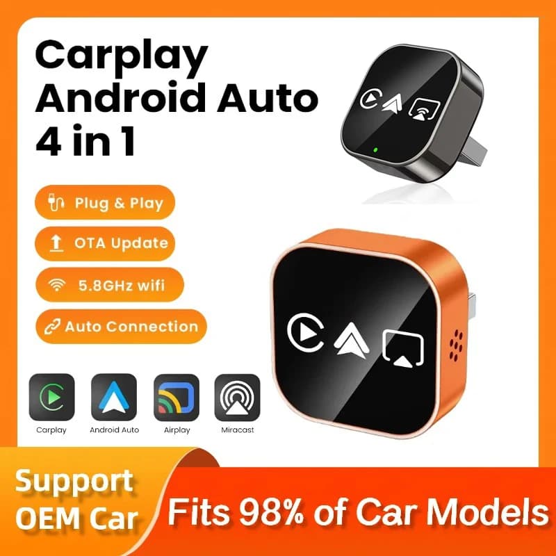 4-in-1 Wireless Adapter for CarPlay and Android Auto, Airplay Mirror Link Connection, USB Plug and Play for Apple and Android CarPlay