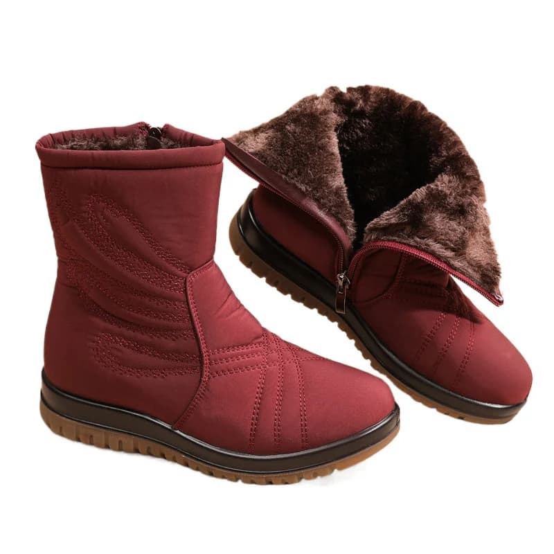 2025 Scarpe invernali Donna Stivali da neve impermeabili Piatti caldi Peluche Laides Stivaletti Scarpe da madre antiscivolo Taglie forti Marrone Rosso D640