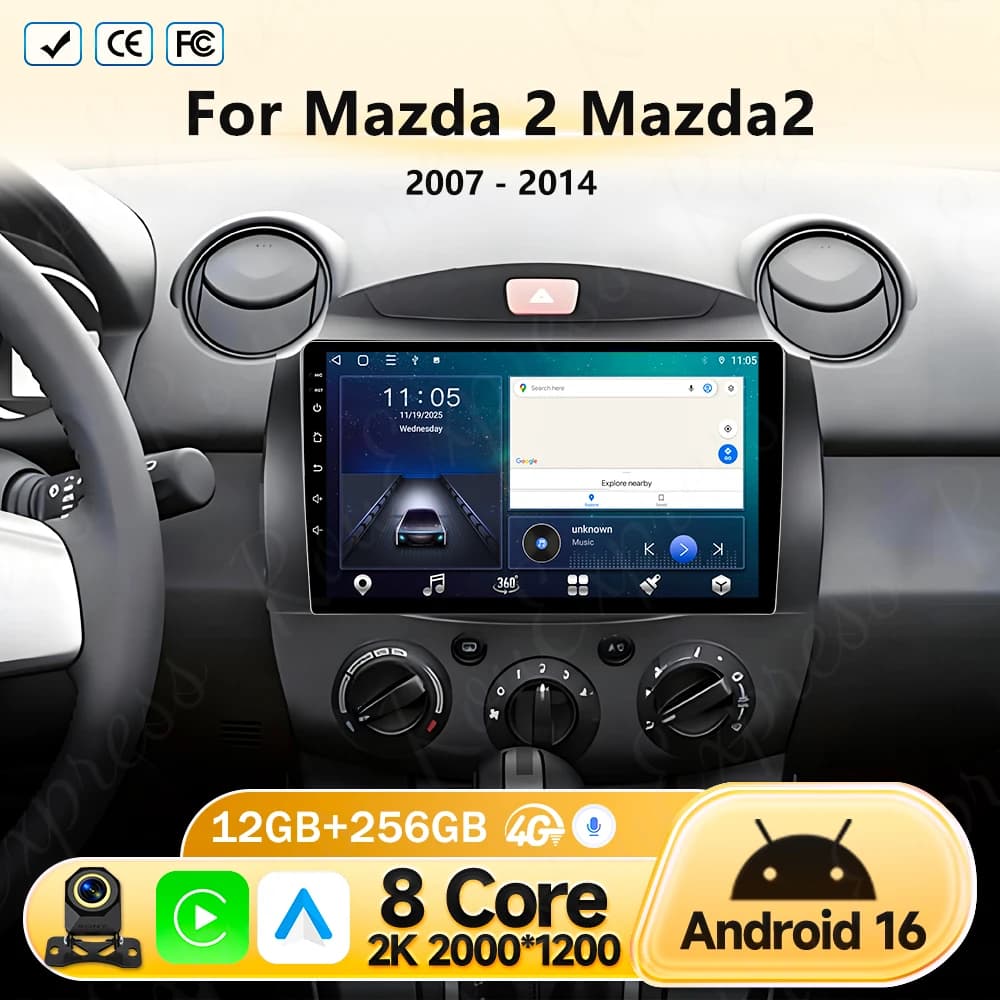 Android 16 For Mazda 2 Mazda2 2007 - 2014 Car Radio Stereo Multimedia Navigation GPS Video Player DSP Wireless Carplay 4G WIFI