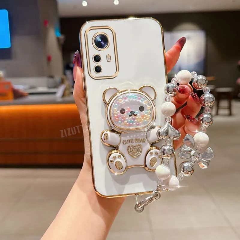High Jewelry Pearl Bear Phone Holder Case For Xiaomi Mi 11 11T 12 12s Pro 12x 13 14 14T 15 Pro Lite Anti-knock Stand Back Cover