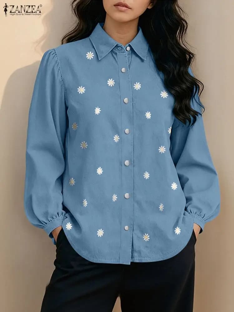 ZANZEA Fashion Spring Shirts Women Long Sleeve Floral Printed Blouse Casual Buttons Tops Spring Elegant Work Shirt Oversize 2026