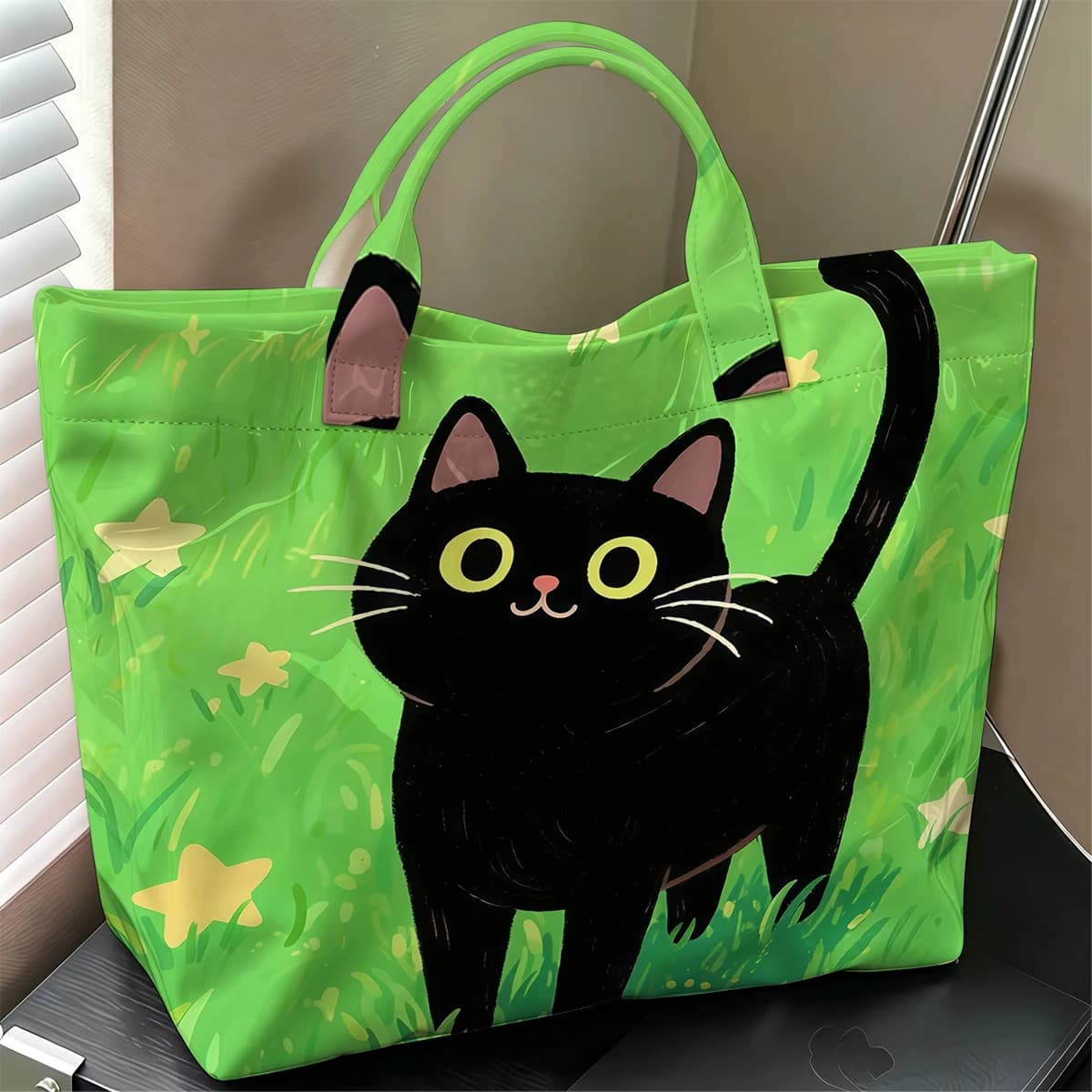 Black Cat on Starry Grass Hot Sale Large Glossy PVC Tote Bag Hand Washable Waterproof Great for Travel Commute Makeup Handbags