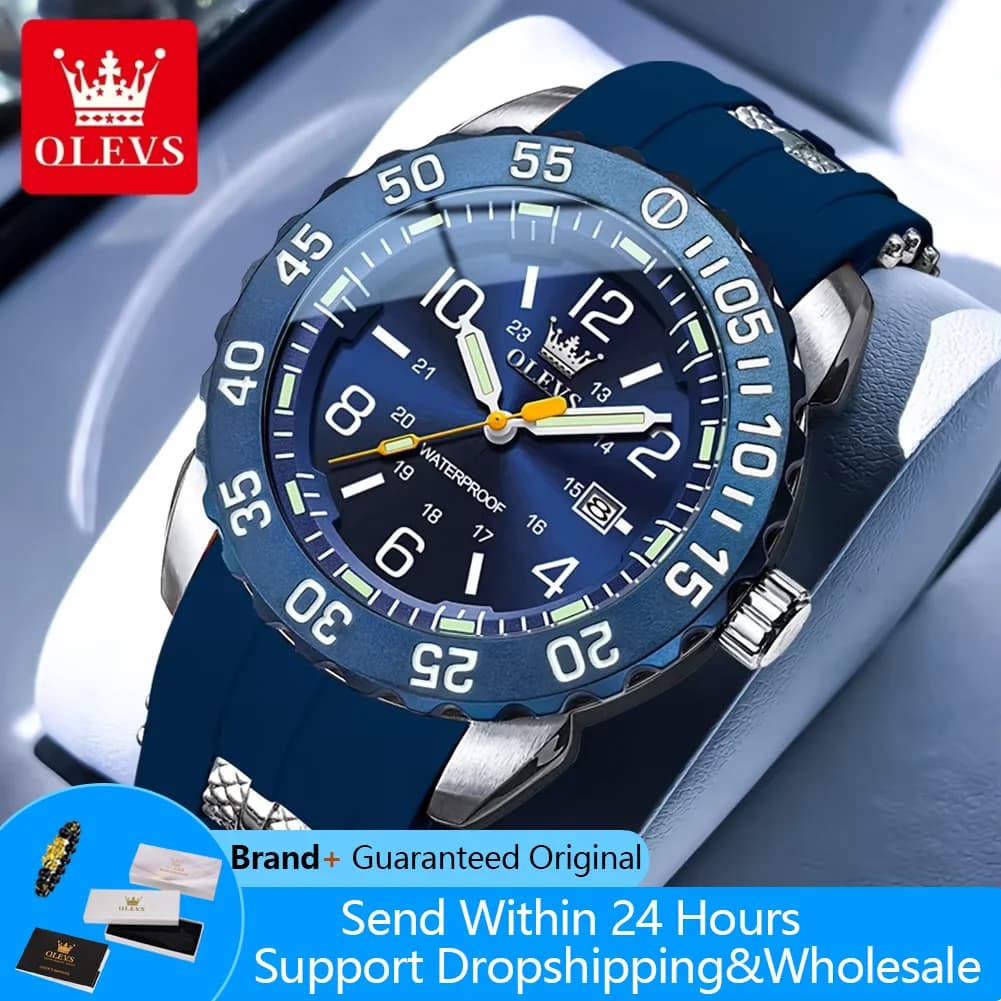OLEVS 3688 Orologi di lusso per uomo Moda cinturino in silicone Orologio da uomo al quarzo 44mm Quadrante grande Orologi sportivi da uomo luminosi impermeabili