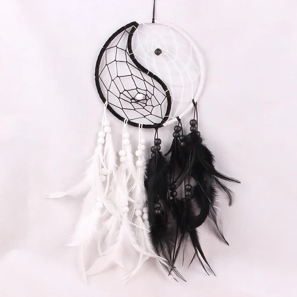Unique Yin-Yang Dreamcatcher, Black & White Feather Wall Hanging, Handmade Bohemian Decor for Bedroom & Living Room