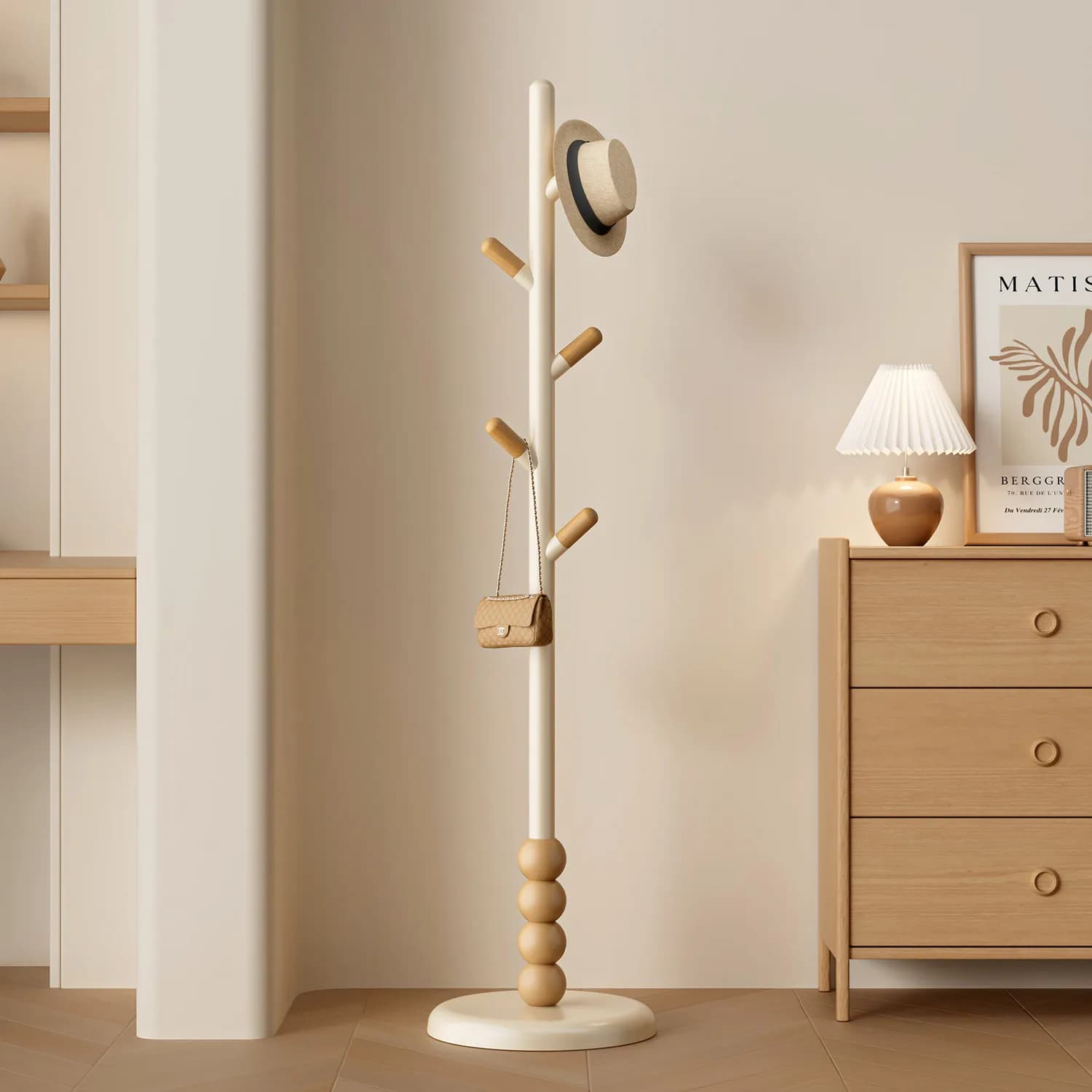 Luxury Wooden Coat Rack Stand for Bedroom Entryway Floor Standing Clothes Hanger with Round Hooks Modern Minimalist Hall Tree