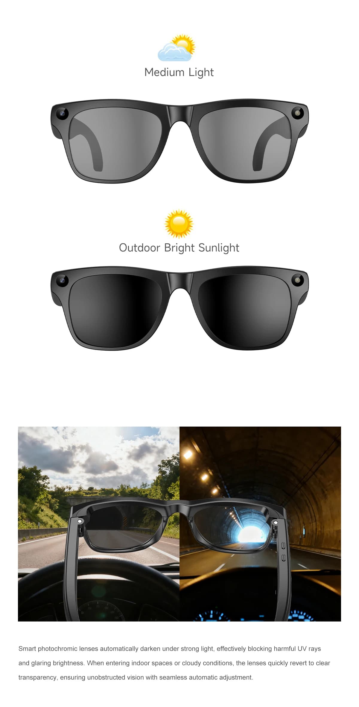 Smart AI 8MP 2026 sunglasses with Variable Color Camera, Video, Bluetooth Music, Multifunction iPhone and Android Calls and Translation