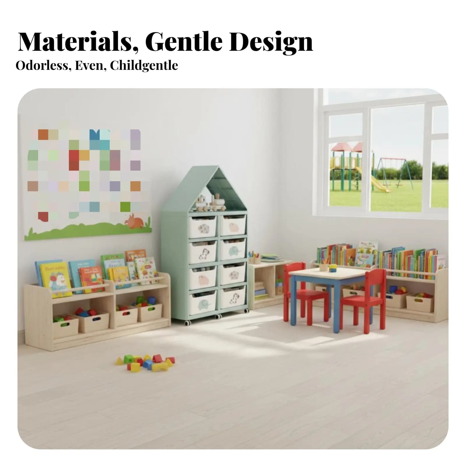 Organizer of children's books and toys, space saving design, books and toys for small children, front display, large capacity