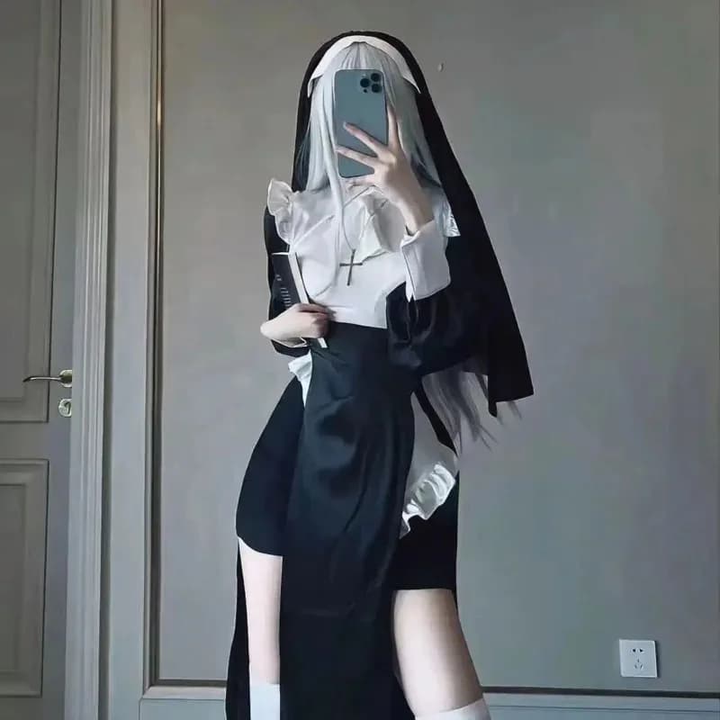 Abito da suora Gioco di ruolo Halloween Natale Uniforme Abito da cameriera sexy Costume da sorella Parrucca lunga bianca TG8885b;4.f'7;j,3'