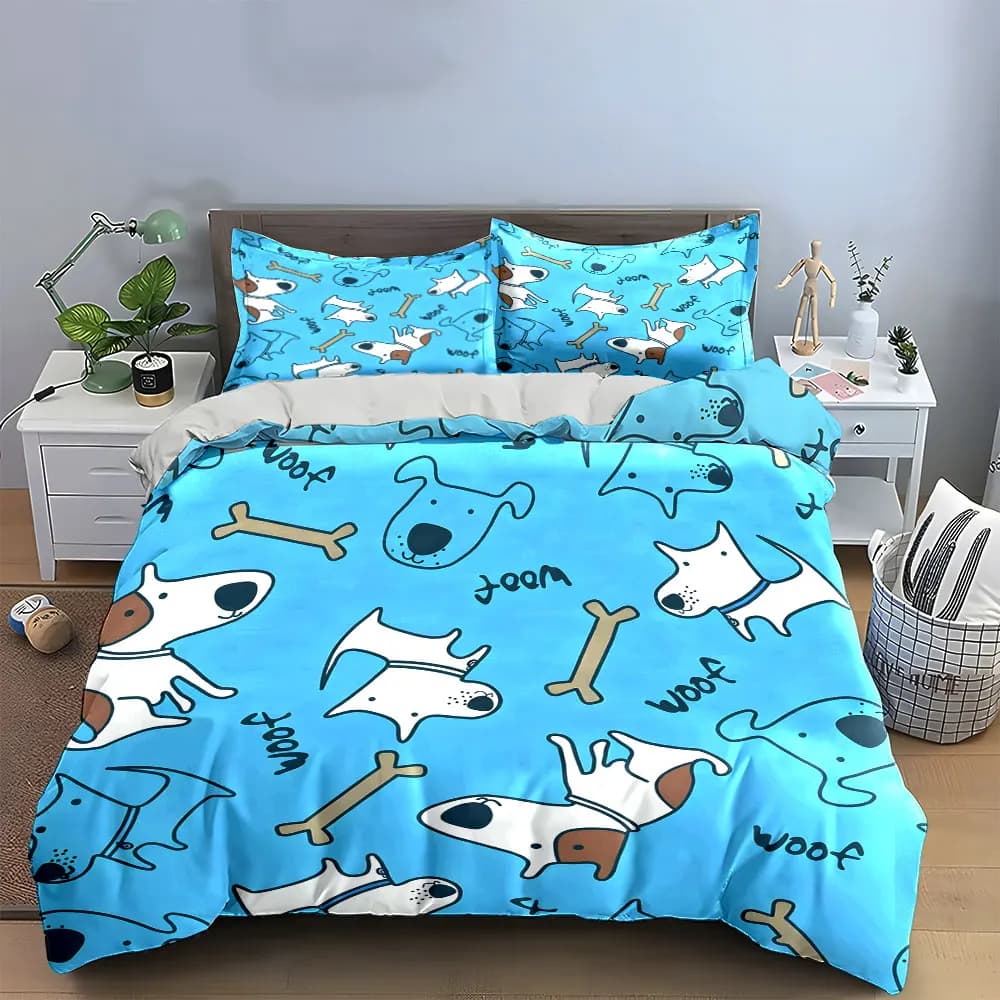 Set copripiumino 3 pezzi Simple Line Puppy & Bone, biancheria da letto per cani di colore azzurro, include 1 copripiumino e 2 federe, regalo
