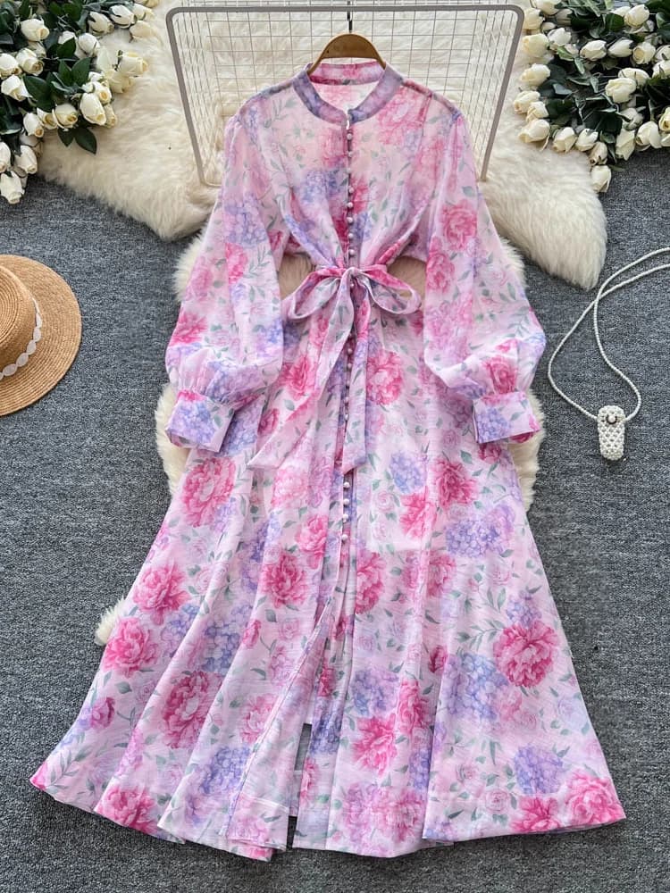 Elegant Printed Long Dress Women's Autumn Court Style Belted Slimming Single Button A-Line Skirt High Waist Polyester Fiber