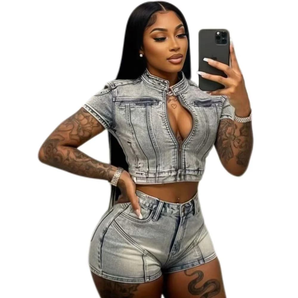 Fashion Washed Stretch Denim Moto Jacket and Shorts 2 Pieces Set for 2026 Summer Woman Casual Jeans Outfits Two Piece Sets