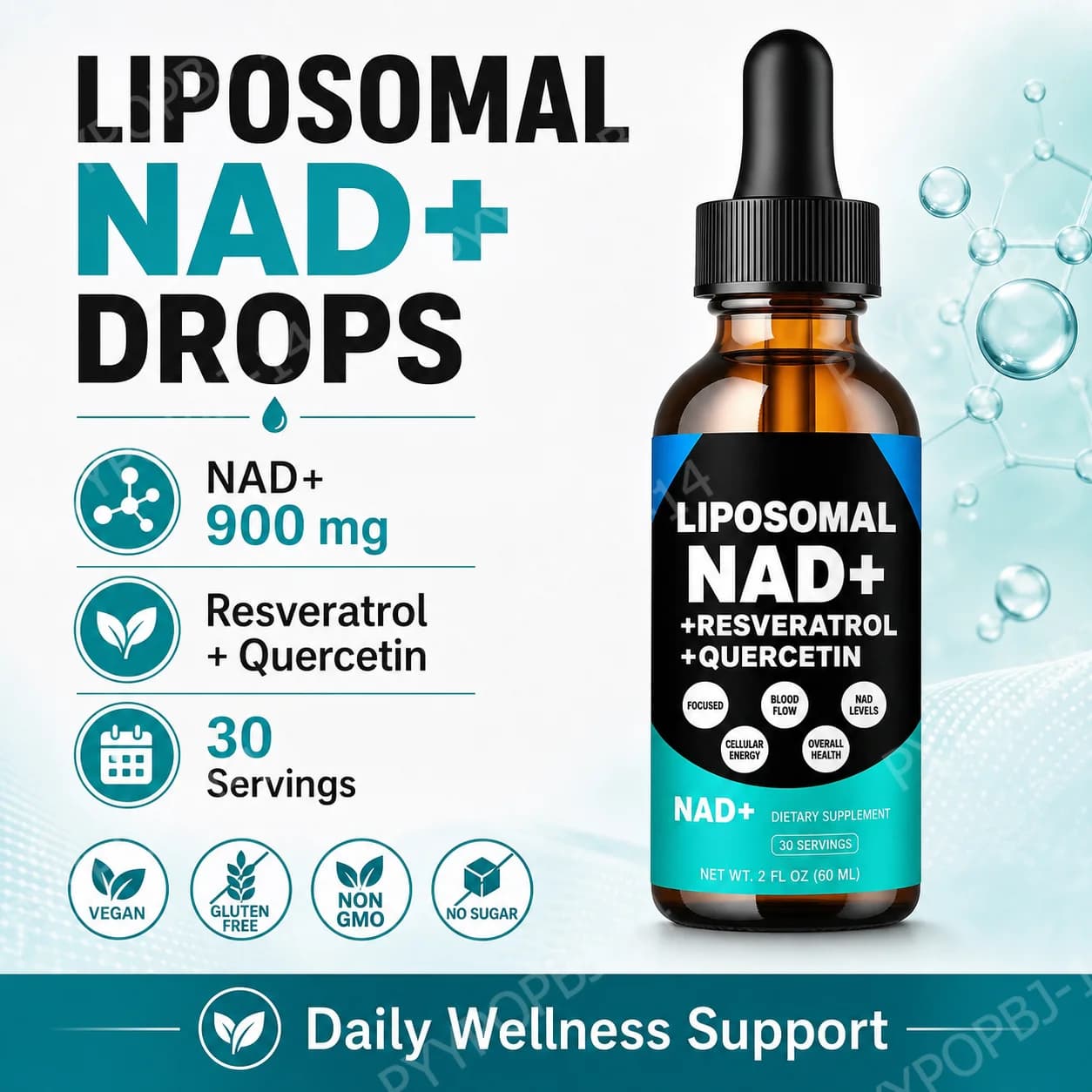 Liposomal NAD+ Supplement with Resveratrol Quercetin and Vitamin B3 Supports Healthy NAD+ Levels and Cellular Health 60ml