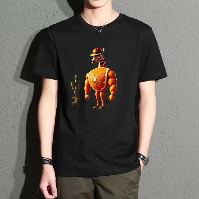 Men's Black Round-Neck Short-Sleeve T-Shirt with Fun Orange Muscle Giraffe Print, Casual Street Style Versatile Top, Trendy Everyday Item