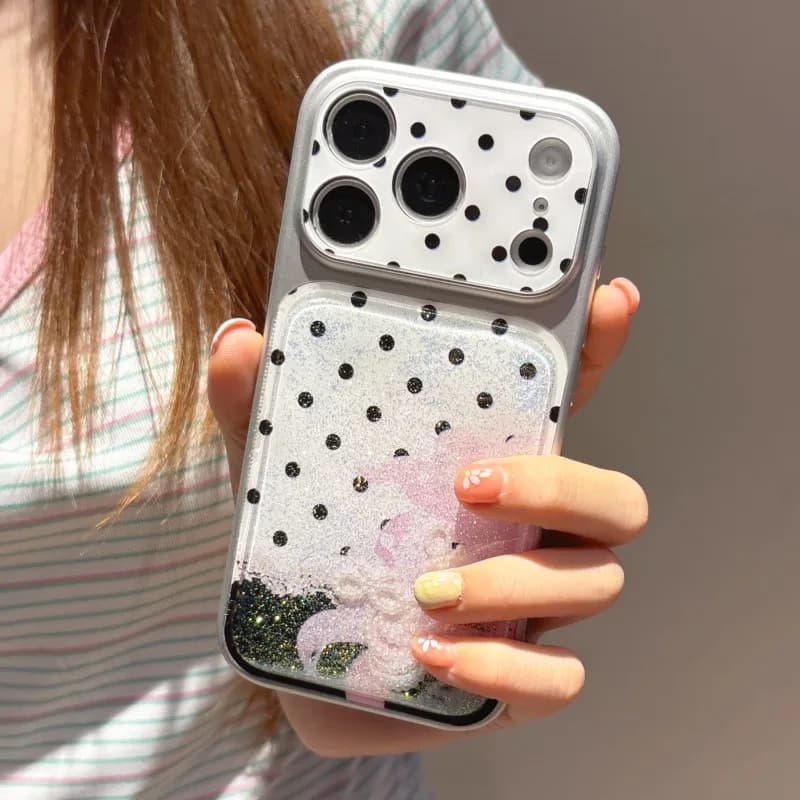 Custodia per iPhone 17 17Pro 17PM 16 15 Pro Max con motivo a pois rosa sfumato, glitter scintillante, finestra grande e antiurto