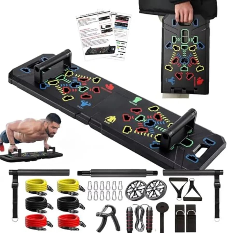 Portable Home Gym Push Up Board Set: 20-Piece Full Body Workout Kit with Exercise Bands Ab Roller Non-Slip Rubber Surface Black
