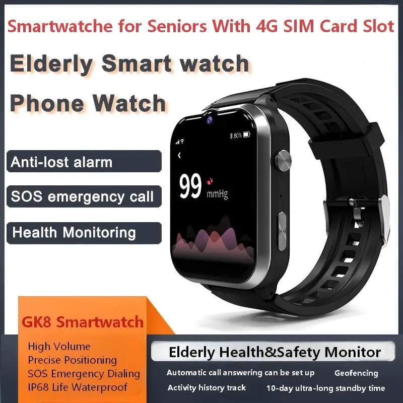 Smartwatch Geek Fast GK8 per Anziani con Slot per Scheda SIM 4G, Schermo HD Grande, Posizionamento Preciso, Volume Elevato, Chiamata di Emergenza SOS