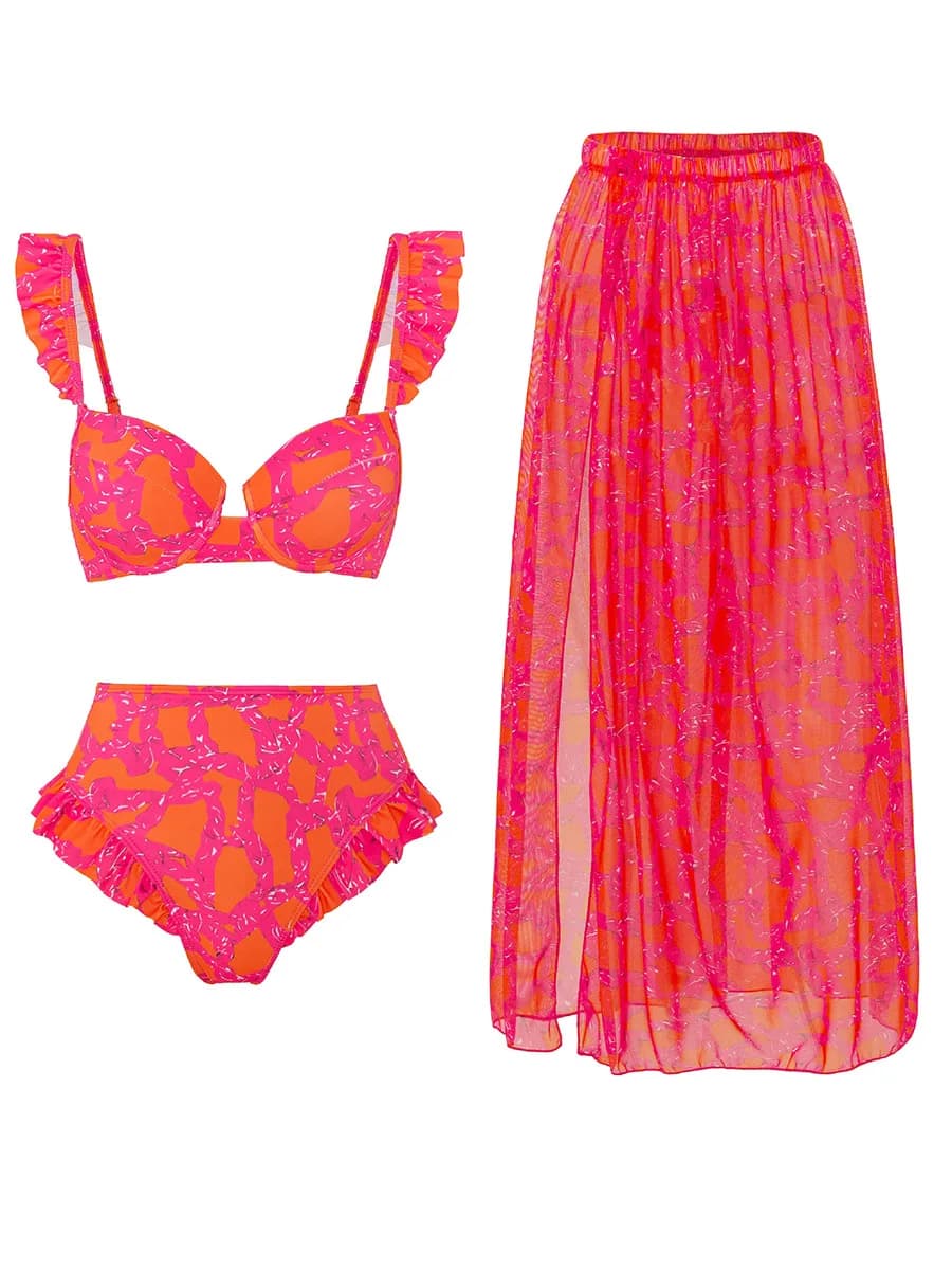 Costume da bagno a 3 pezzi push-up 2026 a vita alta con gonna, sexy con volant, per donna, per nuoto e spiaggia