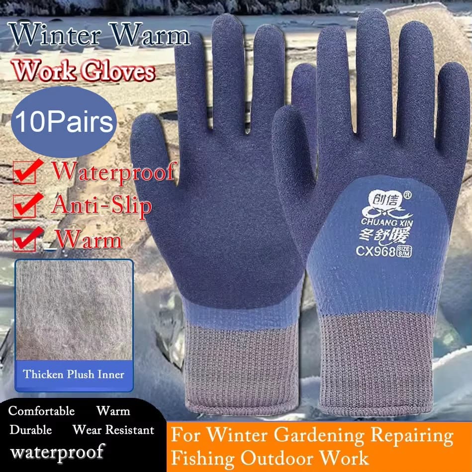Guanti antiscivolo invernali da 10 paia per lavori di riparazione, in lattice caldo rivestito impermeabile termico per guanti di sicurezza da lavoro doppi in giardino