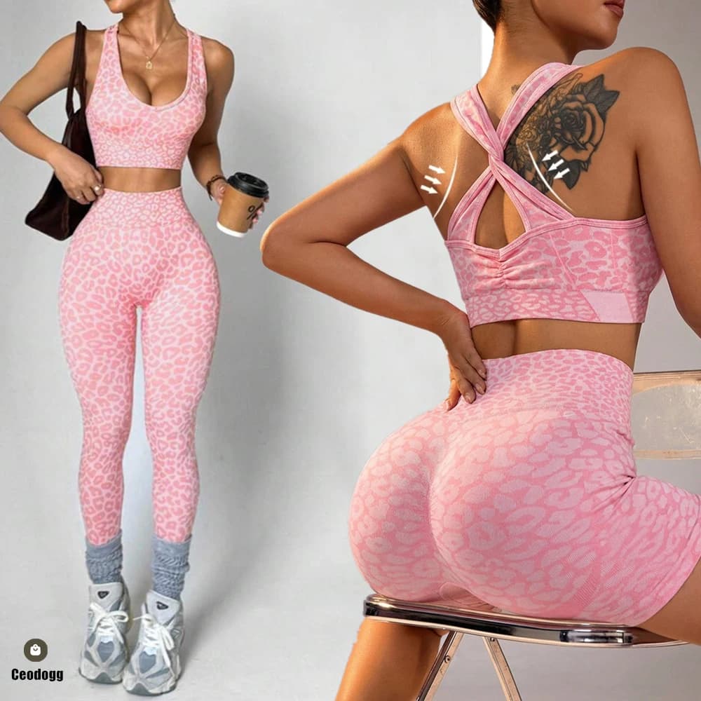 2PCS Pad Leopard Yoga Set Women Workout Scrunch High Waist Legging Exercise Pant Fitness Female Gym Outwear Active Suit XP17