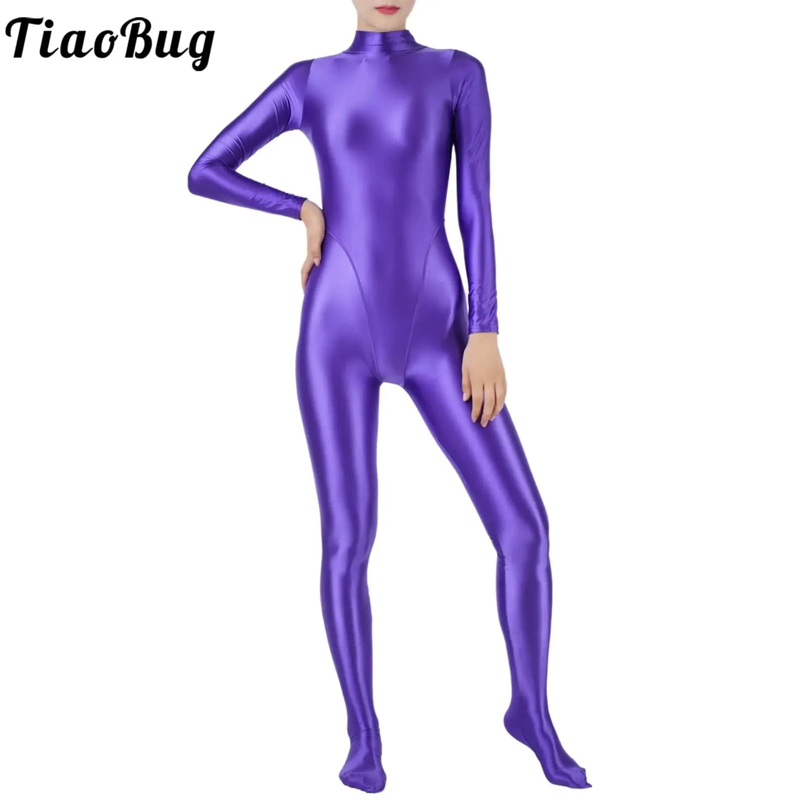 Tuta da donna lucida a olio Collo a lupetto Manica lunga Body intero Bodystocking Costume intero Collant da surf Costumi da bagno