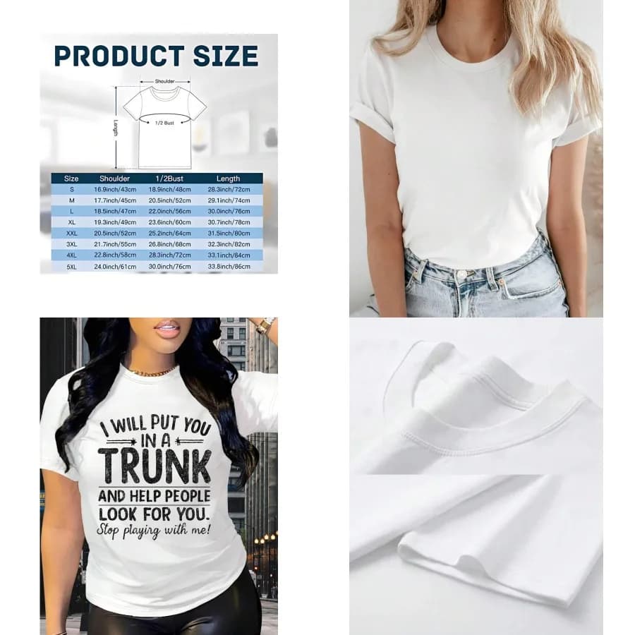 【Nuovo stile】T-shirt da donna 1 pezzo - T-shirt bianca da donna con testo nero in caratteri grandi 'I WILL PUT YOU IN A TRUNK AND HELP PEOPLE LOOK FO'