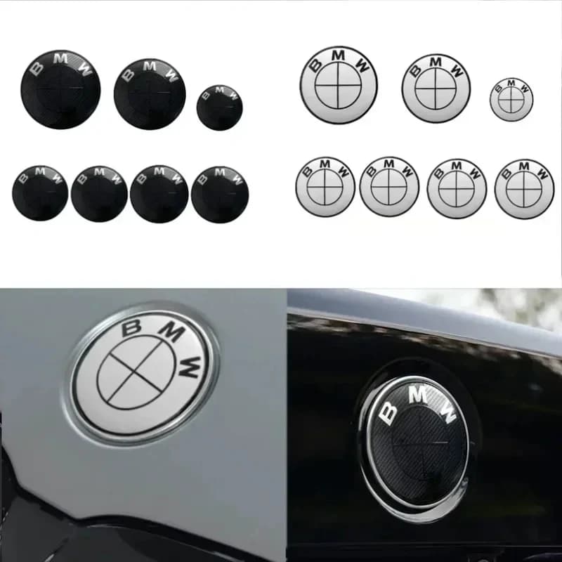 7 new front and rear BMW logos, wheel cover from 82mm, 68mm, 74mm, 45mm steering wheel stickers, complete kit of car emblems.