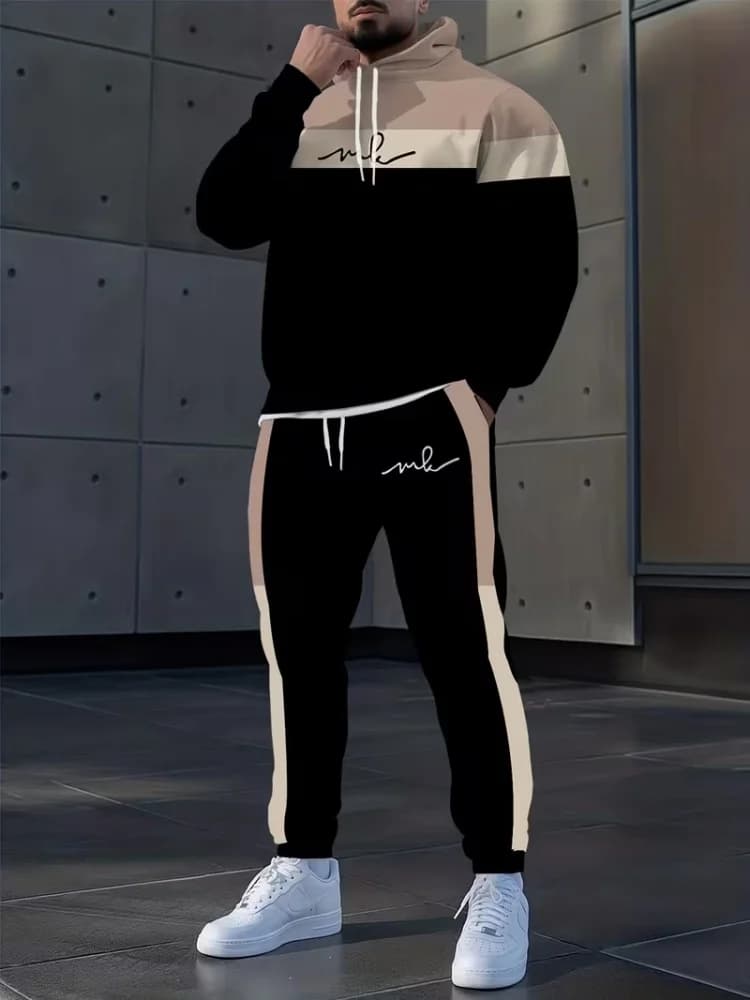Men Loose 2 Pieces Sports Suit Fashion Black Khaki Splicing Pullover Hoodie Drawstring Jogger Pants Daily Casual Tracksuit