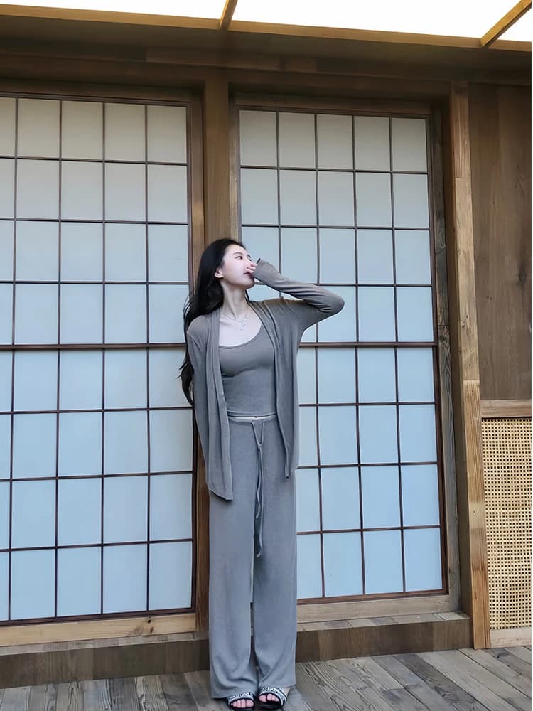 Fashionable Lazy Style Three-Piece Set Autumn 2025 Casual Sleeveless Cardigan with Belt Long Pants round Neck Breathable Wome...