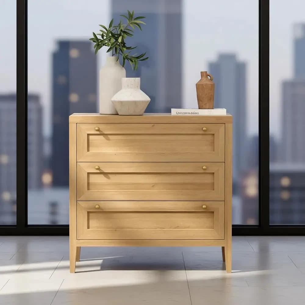 Bedroom Chest of Drawers with Handles, Natural Oak Tall Nightstand, Storage Cabinet Side Table for Living Room and Hallway