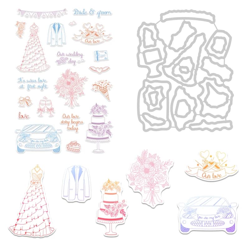 Wedding Theme Cutting Dies and Silicone Clear Stamps Set with Dress Bouquet Car Cake Shape for Card Making DIY Scrapbooking