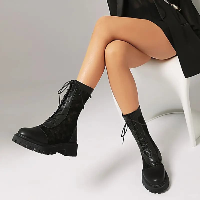 ORCHA LISA Design Female Summer Boots Zipper Lace Up Breathable Mesh Spring Autumn Plus size 44 45 Round Toe Thick Heel Platform
