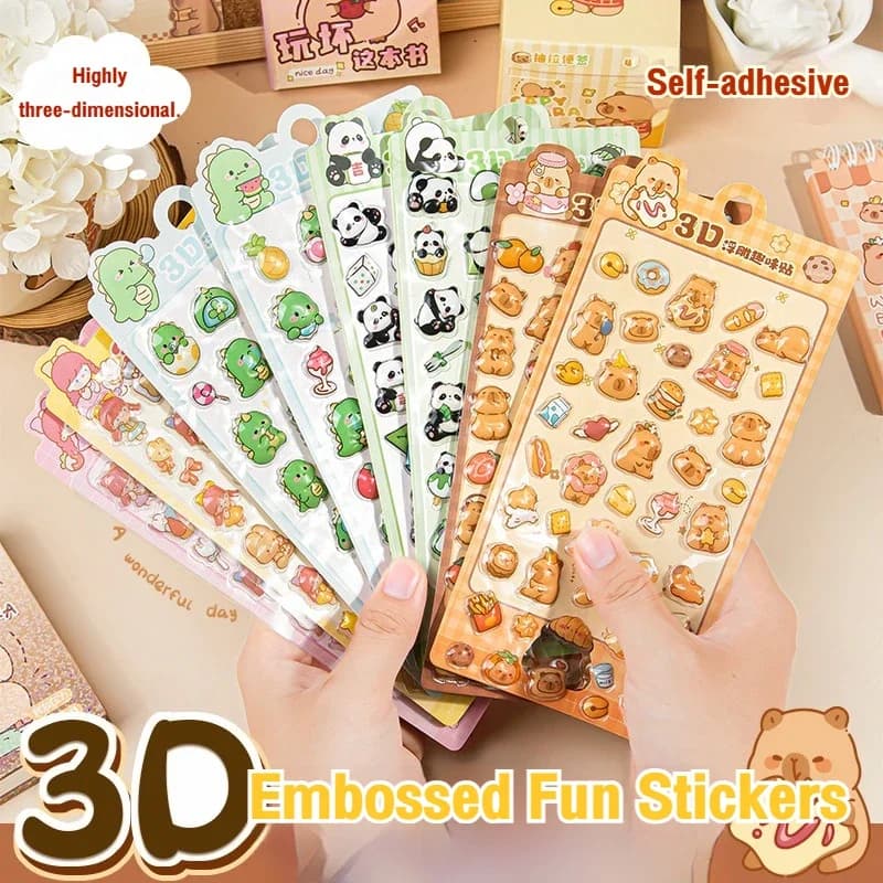 4 Sheets/Bag Capybara Panda Dinosaur CharacterTheme Outline 3D Sticker Set for DIY Scrapbook Phone Case Notebook Decora Craft