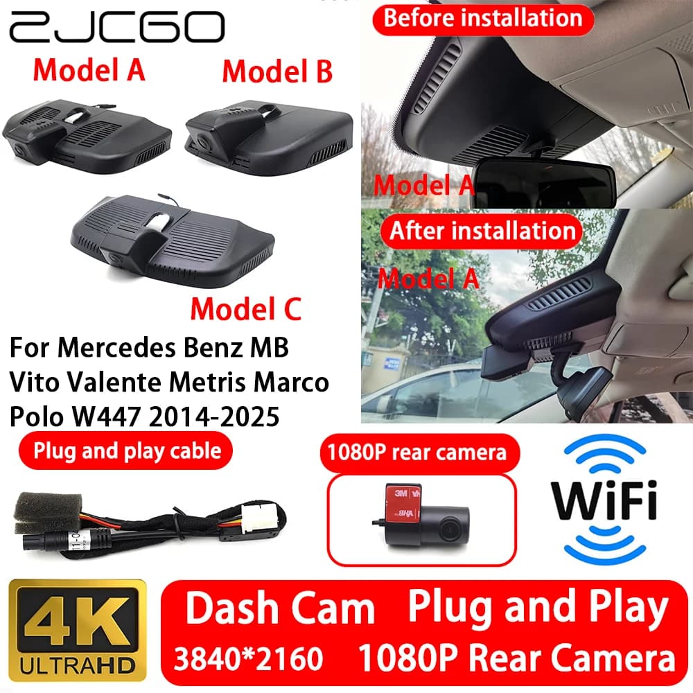 Front Camera and Rear 4K 2160P for Mercedes Benz MB Vito Valente Metris Marco Polo W447 2014-2025, Dash Cam WiFi Plug and Play