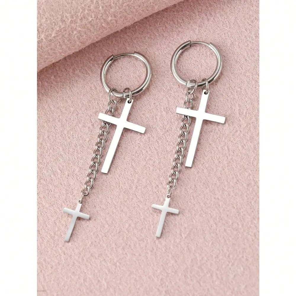 Aomogo Orecchini in acciaio inossidabile Moda Punk Hip Hop Gotico Unisex Due pendenti a catena con croce Orecchini color oro per le donne Gioielli Regali