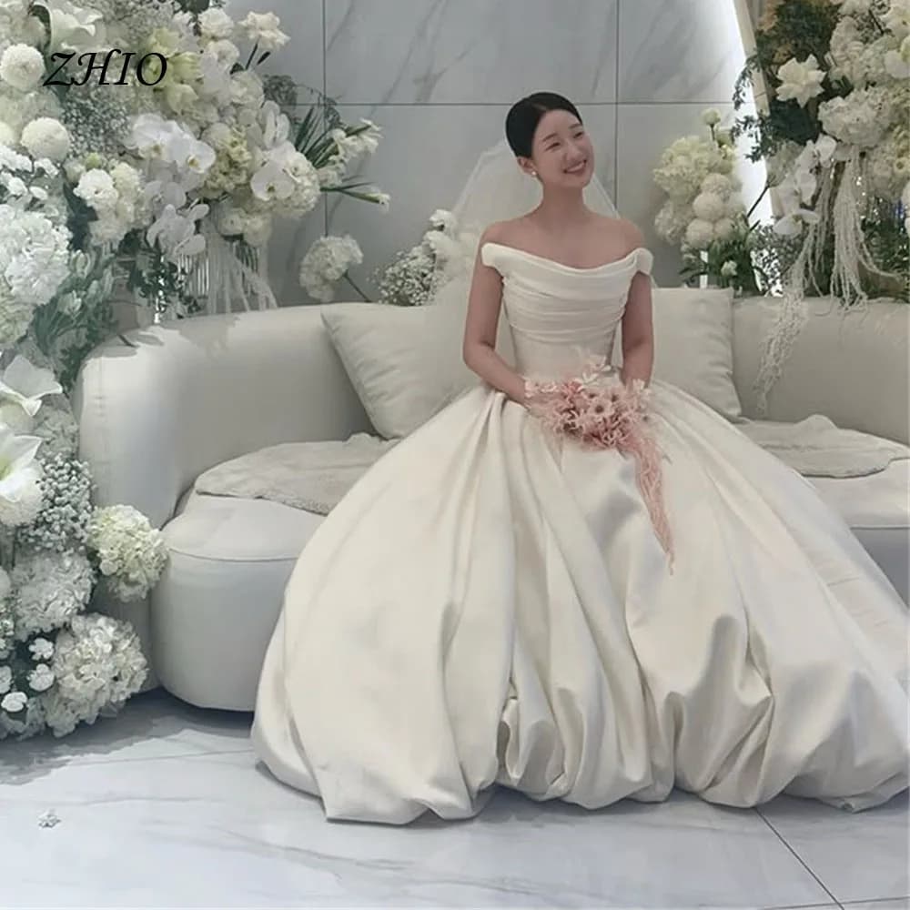 ZHIO Elegante abito da cerimonia nuziale a trapezio senza spalline con fondo a palloncino Abito da pendolo Corea PhotoShoot Abito da ricevimento nuziale personalizzato