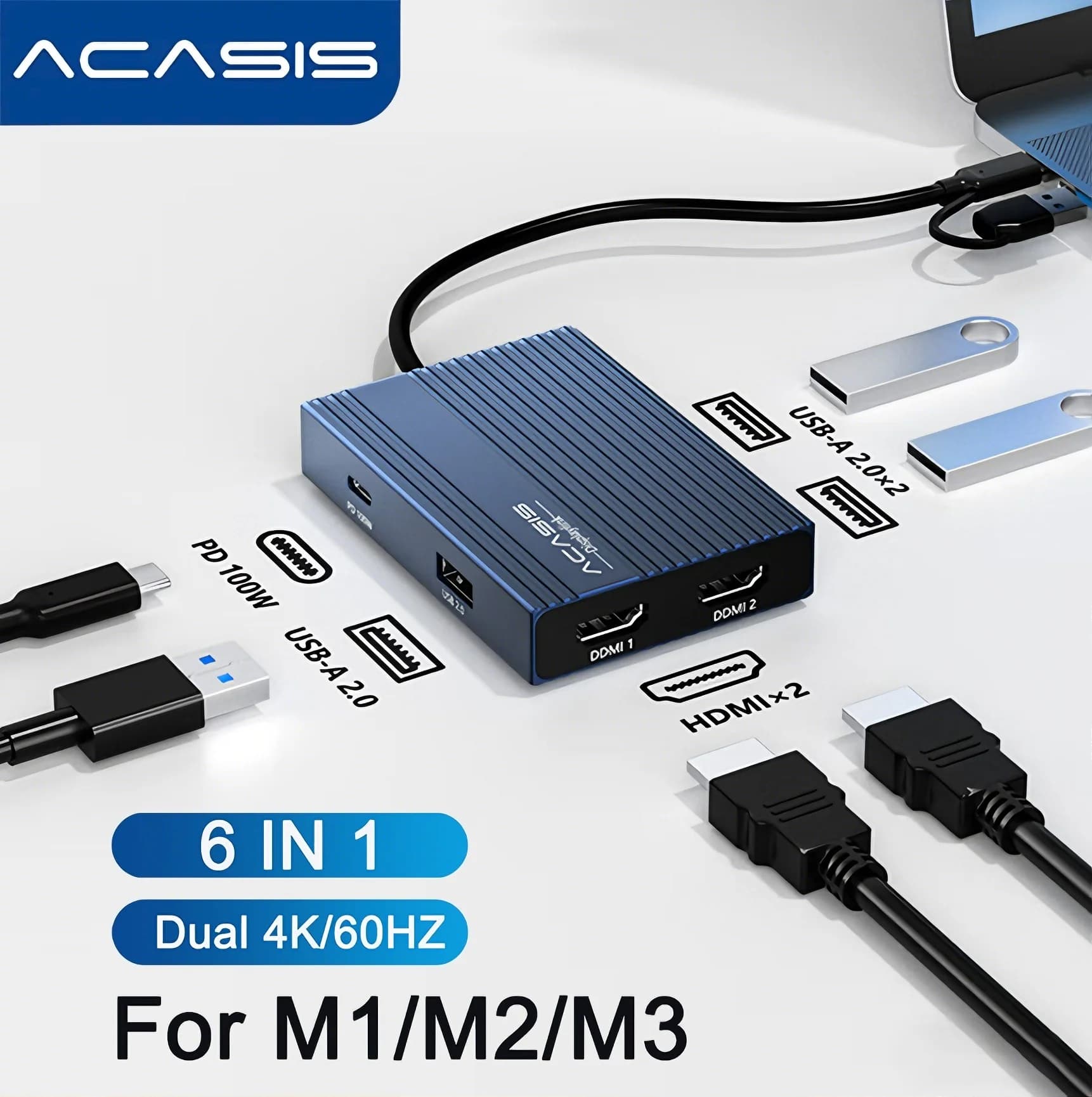 Acasis 6-IN-1 Displaylink Docking Station Display Adapter USB C to HDMI Dual output 4K/60HZ PD 100W for Mac M1/M2/M3/Windows
