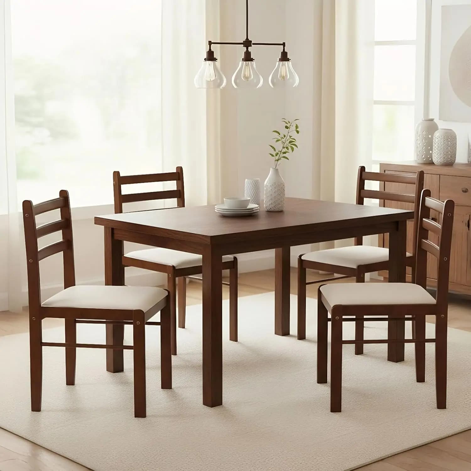 Set di 4 Sedie da Pranzo in Legno di Noce Senza Braccioli, Stile Rustico con Cuscino in Tessuto, Personalizzabili