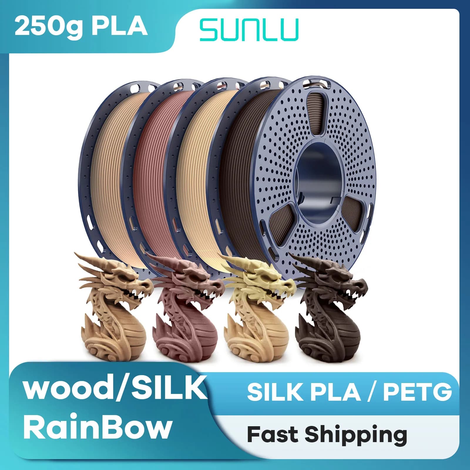 SUNLU Filament SETA PLA/PLA/PETG/WOOD/SETA Rainbow Filament 250g 500g 1.75mm Mixed Color Wood Filament
