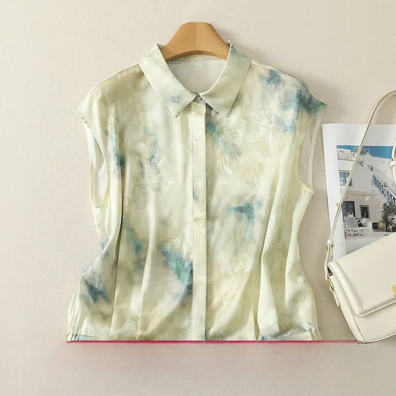 Lightweight Summer Simple High-End Shirt Collar Short Sleeve Silk Satin Loose T-Shirt Women's Small Shirt Stylish Polyester F...