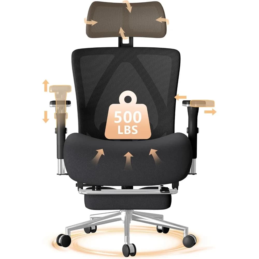 Sedia da ufficio grande e alta da 500 libbre con poggiapiedi, sedia da ufficio ergonomica in rete con cuscino ampio addensato, bracciolo 4D, regolabile
