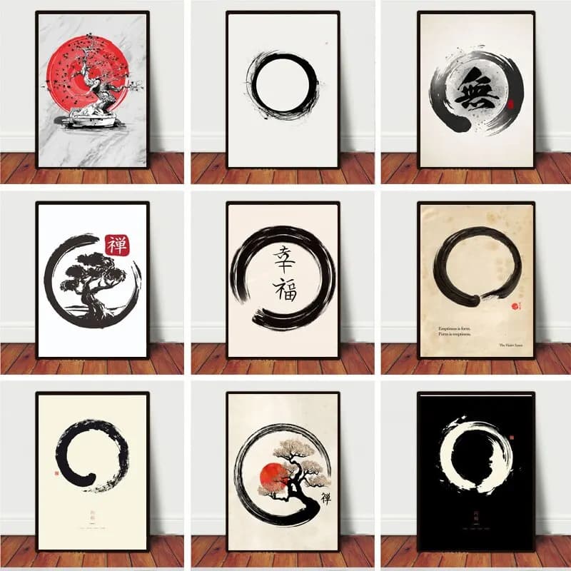 Zen Enso Circle Japanese Style Artwork Sumie Bonsai Sakura Wall Art Canvas Painting Perfect for Room Home Decor Enhance Your