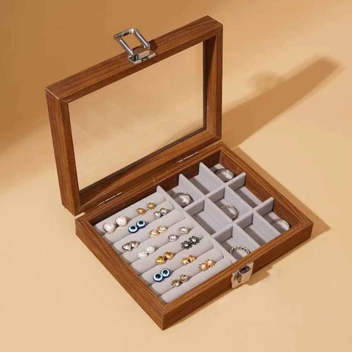 Wooden Jewelry Box for Ring Earrings Bracelets Vintage Style with Lid Solid Wood Display Case