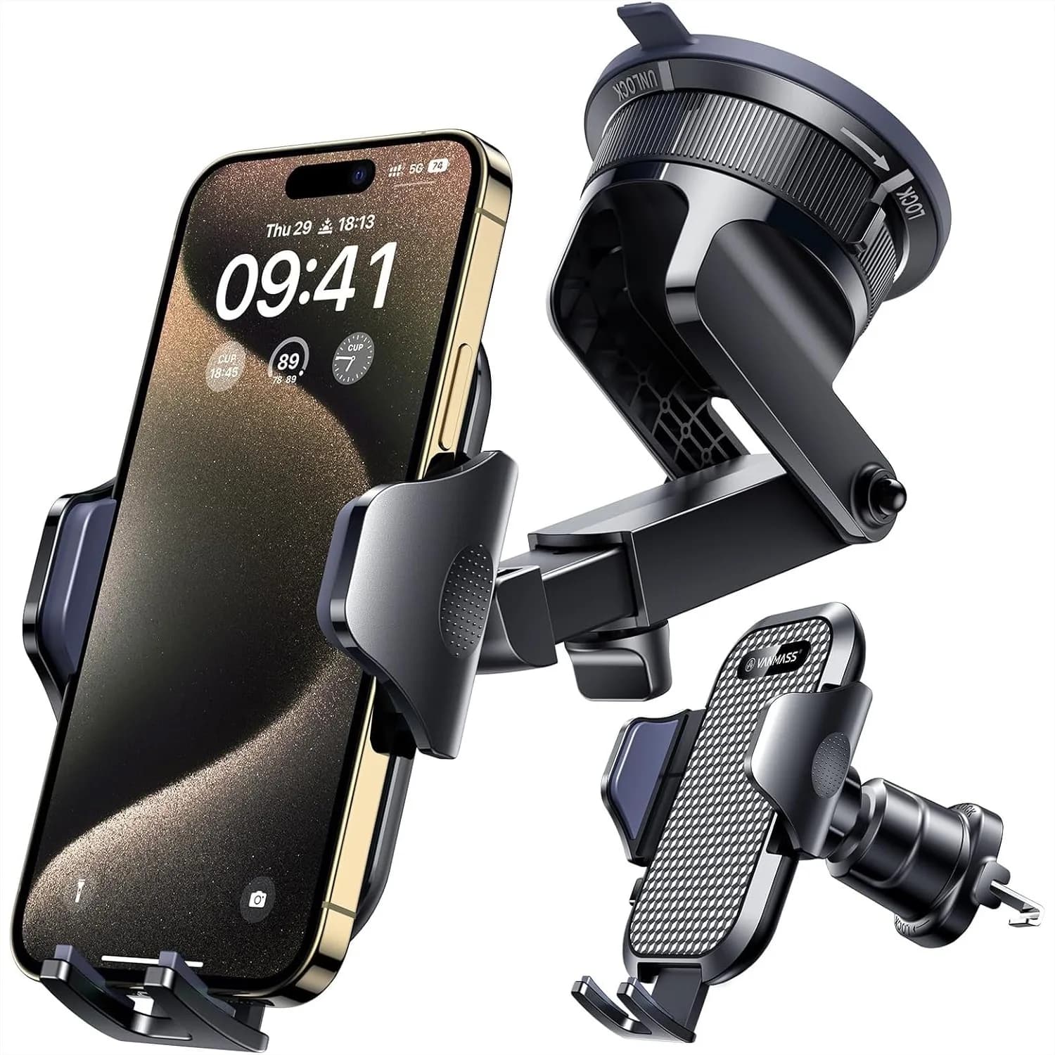 Supporto per telefono da auto con ventosa potente e clip a gancio per cruscotto, parabrezza e bocchetta dell'aria, supporto per camion per iPhone 17 Pro Max