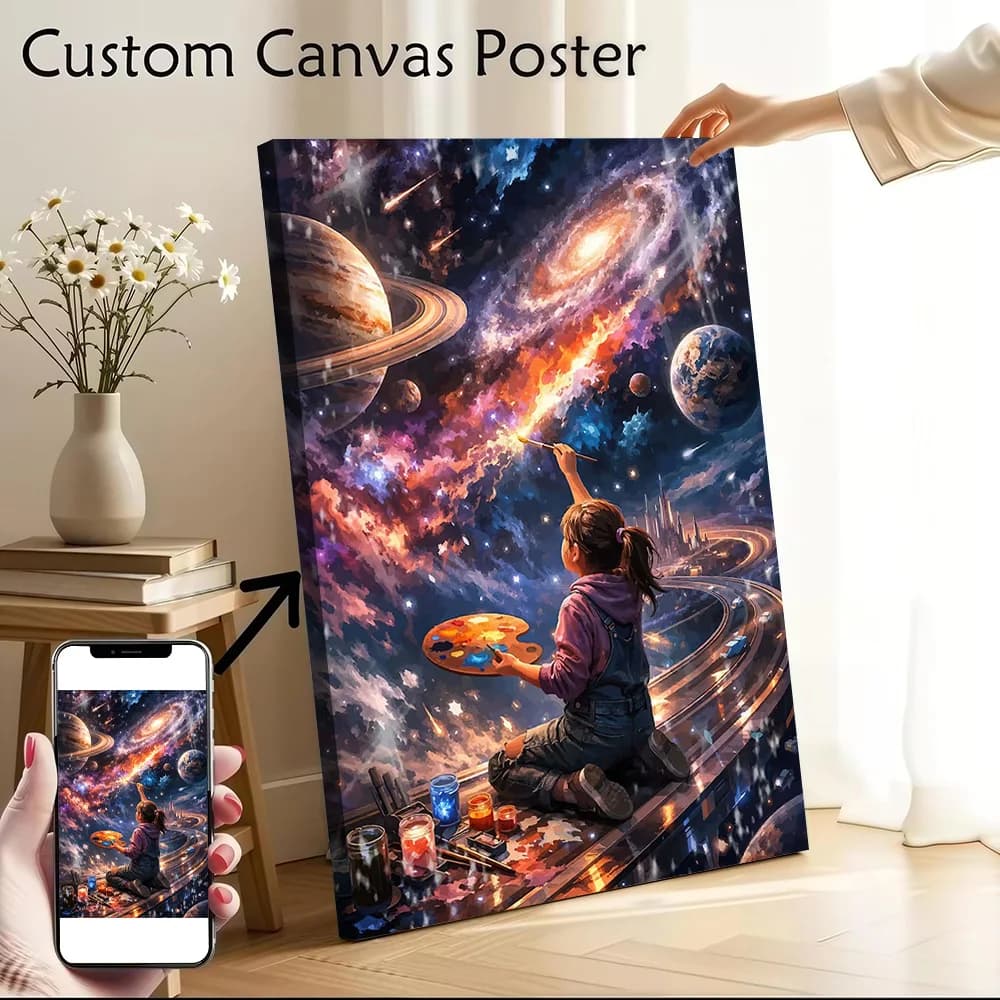Girl Painting the Cosmos Canvas Wall Art Poster Personalized Photo Printing Perfect Gift for Home Decor Room Decorating Interior