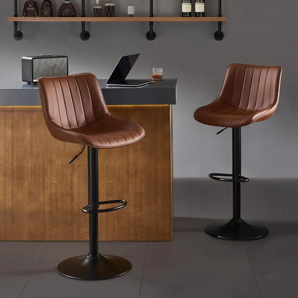 Set di 2 sgabelli da bar girevoli, regolabili in pelle PU, con schienale e poggiapiedi, altezza bancone, marrone