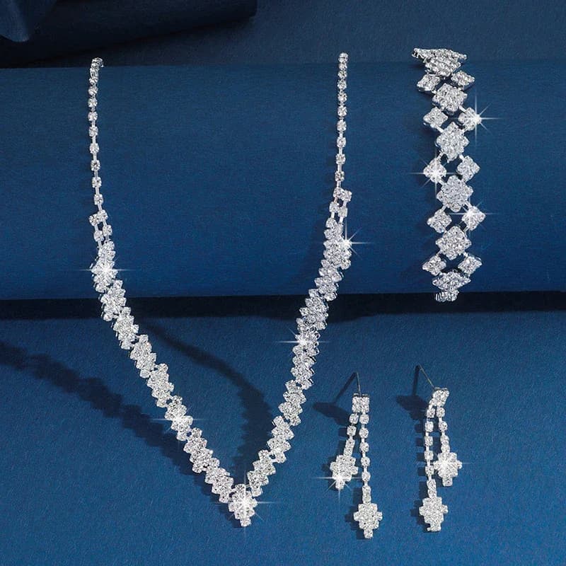 Bride Geometric Rhinestone Tassel Jewelry Kit - Stylish Necklace, Earrings & Bracelet Set