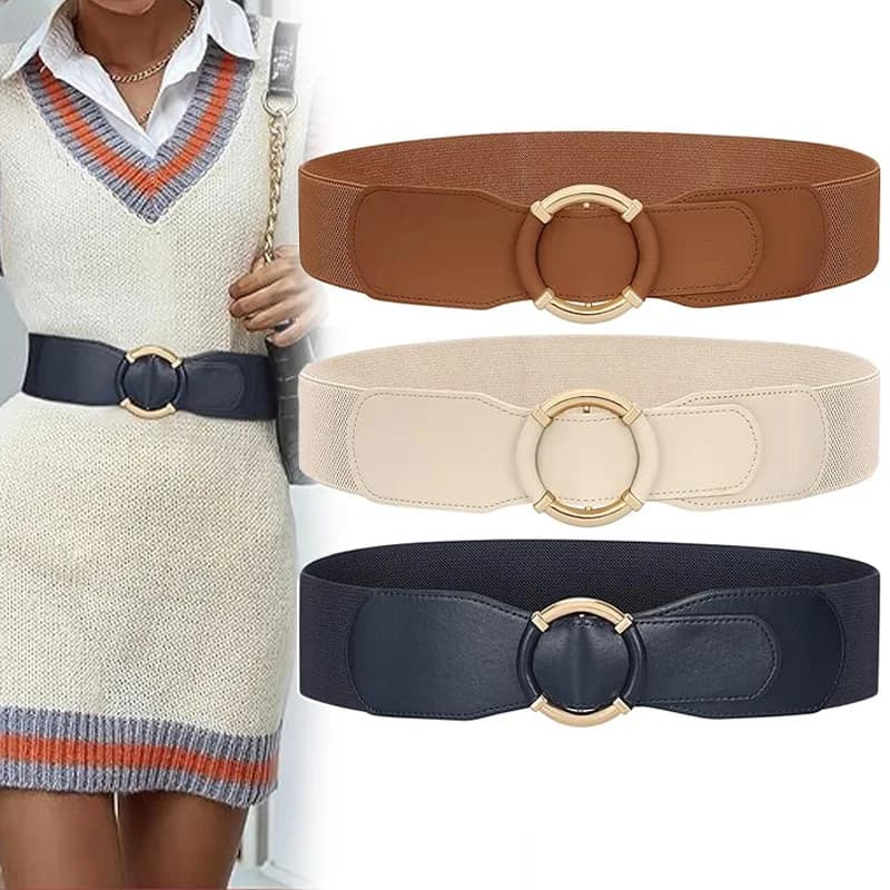 New fashionable women's belt with golden round ring buckle, elastic elastic waist-tightening waist-support dress, wide belt