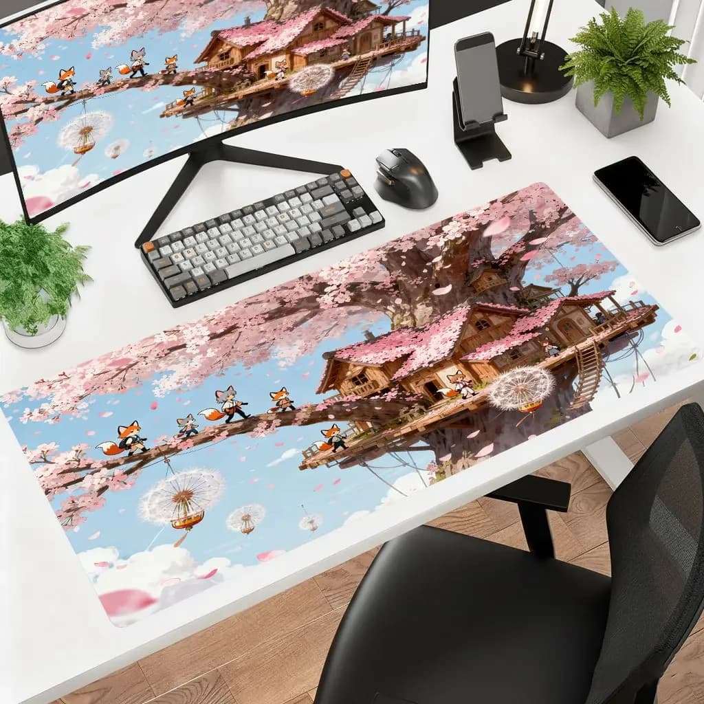 Iron Decor Cherry Blossom Fox Mouse Pad HD Print Non Slip Rubber Washable Desk Mat for Gaming Laptop Office Daily Use